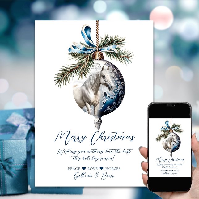 Elegant blå Julhäst Julkort (Elegant blue Christmas white horse equestrian Holiday Card)