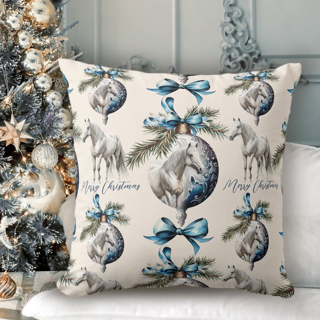 Elegant blå Julhäst mönster Kudde (Elegant blue Christmas white horse pattern Throw Pillow)