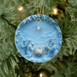 Elegant blå julkrubba julgransprydnad keramik