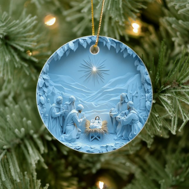 Elegant blå julkrubba julgransprydnad keramik (Träd)