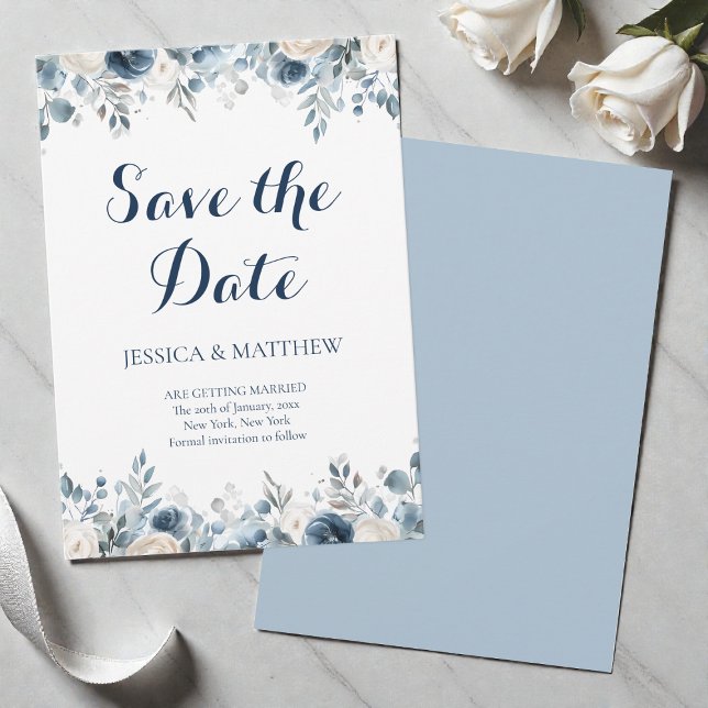 Elegant Blå Kalligrafi Vattenfärg Blommig Bröllop Spara Datumet (Elegant Blue Galligraphy Watercolor Floral Wedding Save The Date)