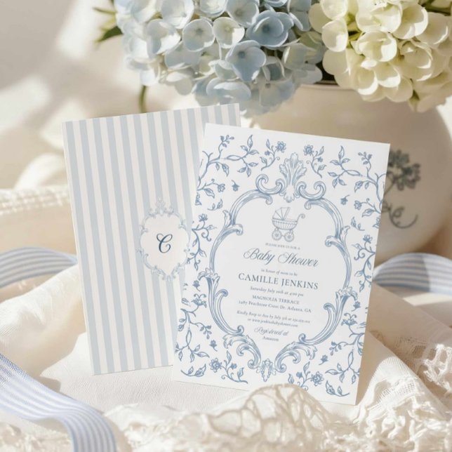Elegant Blå Kammar Baby Shower Inbjudan (Blue Toile Baby Shower Invitation)