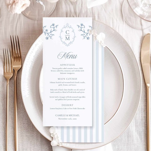 Elegant blå kamstripe bröllopsmeny kort (Blue Monogram Menu Card)