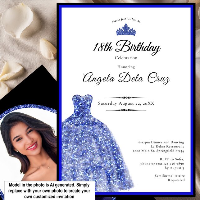 Elegant blå klänning 18-årsdebut inbjudningar (Skapare uppladdad)