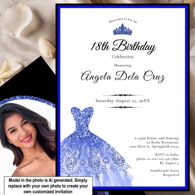 Elegant blå klänning 18-årsdebut inbjudningar (Skapare uppladdad)