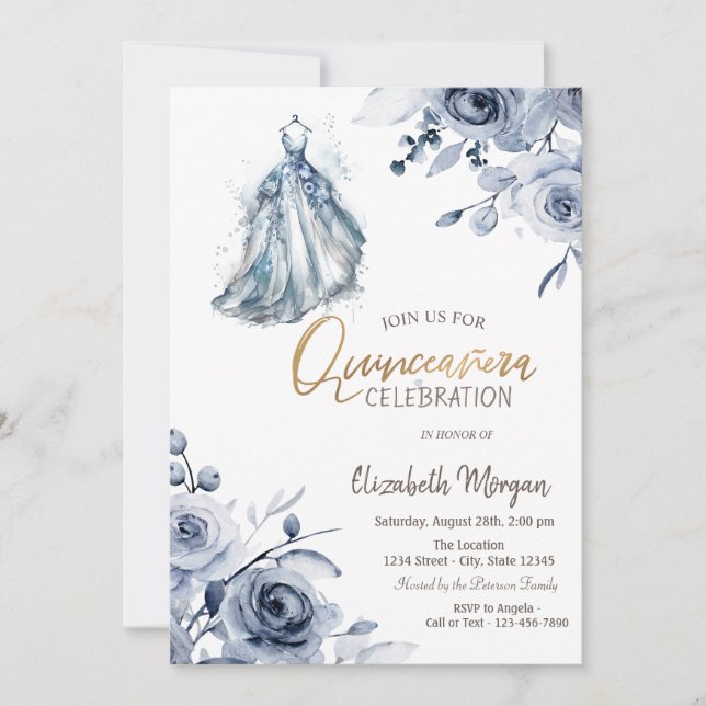 Elegant blå klänning Blå rosor Quinceañera Inbjudningar (Framsida)