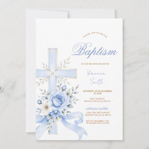 Elegant Blå Kors Blommor Religiös Inbjudan