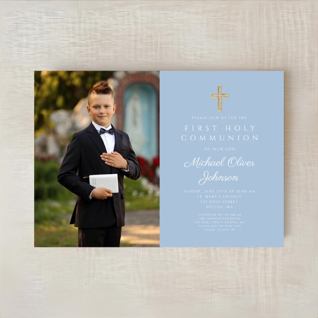 Elegant blå kors fotoboy Första kommunion  Inbjudningar (Skapare uppladdad)