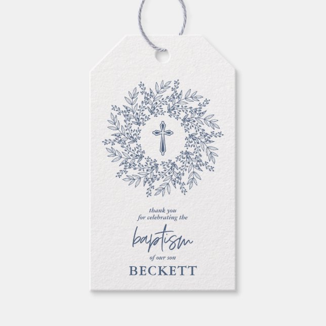Elegant blå kors pojk dop gåva presentetikett (Framsidan)