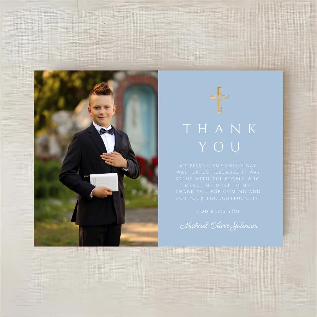 Elegant blå kors pojke första kommunion foto tack kort (Elegant Blue Cross Boy First Communion Photo Thank You Card)