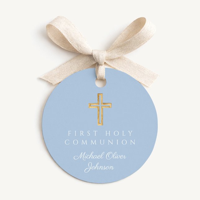 Elegant blå kors pojke första kommunion rund gåvor etiketter (Elegant Blue Cross Boy First Communion Round Favor Tags)
