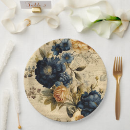 Elegant Blå Kräm Blommig Mönster