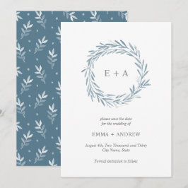 Elegant blå krans Save the Date - Baksidemönster Inbjudningar