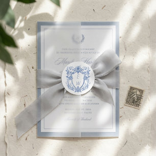 Elegant blå krön monogram bröllop runt klistermärke