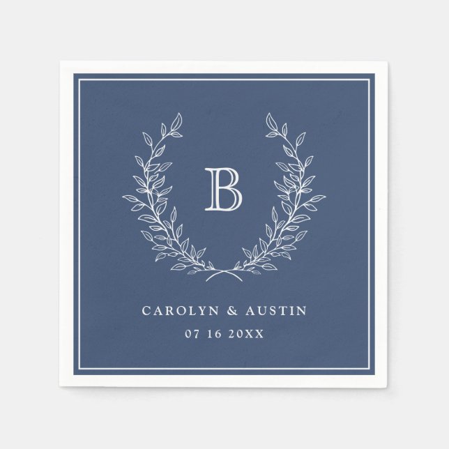 Elegant Blå Laurel WAN Bröllop Monogram Pappersservett (Framsidan)