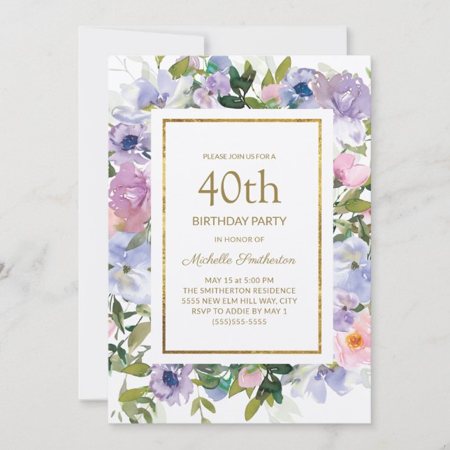 Elegant Blå Lila Blommig Guld 40-årsdag Inbjudningar (Framsida)