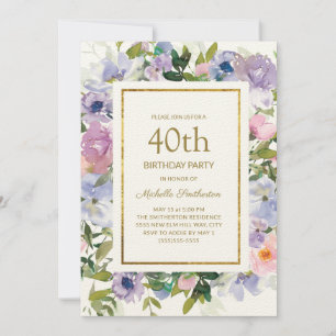 Elegant Blå Lila Blommig Guld 40-årsdag Inbjudningar
