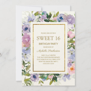 Elegant Blå Lila Blommig Guld Sweet 16 Födelsedag Inbjudningar