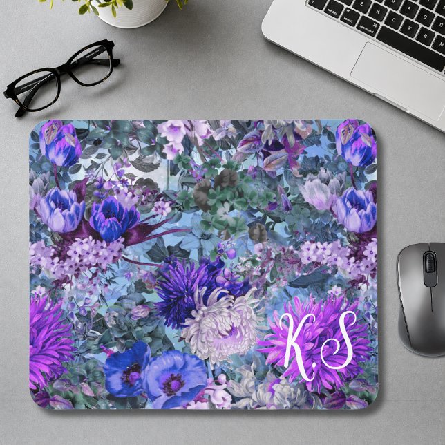 Elegant blå lila blomster Mönster monogram Musmatta (Skapare uppladdad)