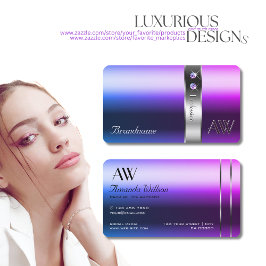 Elegant Blå Lila Gradient Silver Dekor Monogram Visitkort