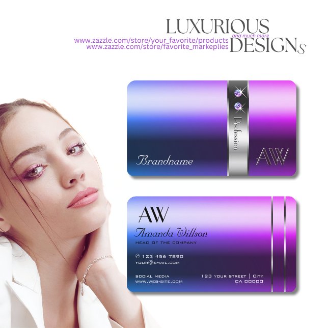 Elegant Blå Lila Gradient Silver Dekor Monogram Visitkort (Skapare uppladdad)