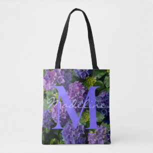 Elegant blå lila grön blomster monogram tygkasse