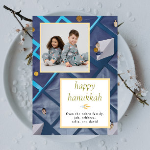 Elegant blå lycklig Hanukkah familj 1 foto Julkort
