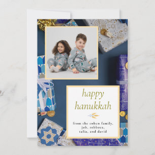 Elegant blå lycklig Hanukkah Familj 1 Foto Julkort