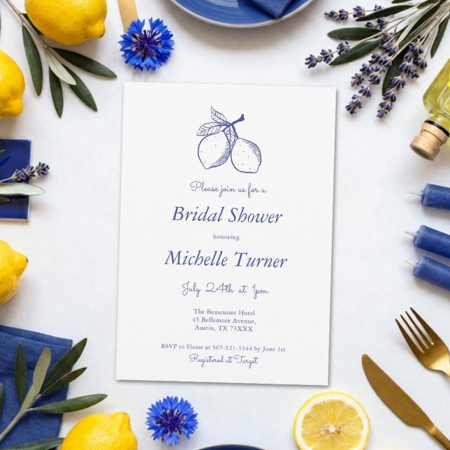 Elegant blå majblomsbröllopsfest inbjudningar (Blue Lemon Bridal Shower Invitation | Summer Bridal Shower Invitation | Blue and White Bridal Shower)