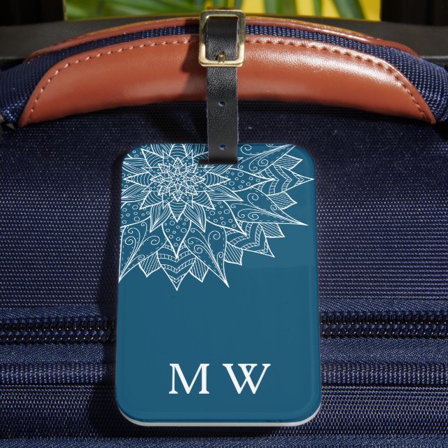 Elegant Blå Mandala Monogram Bagagebricka (Framsida Insitu 2)