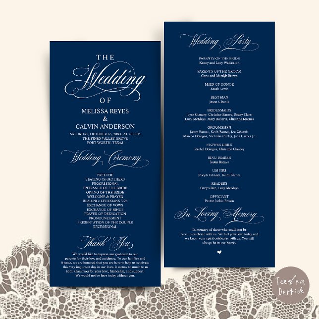 Elegant blå marin vigselceremoni program (Elegant Navy Blue Script Wedding Ceremony Order Program Card)