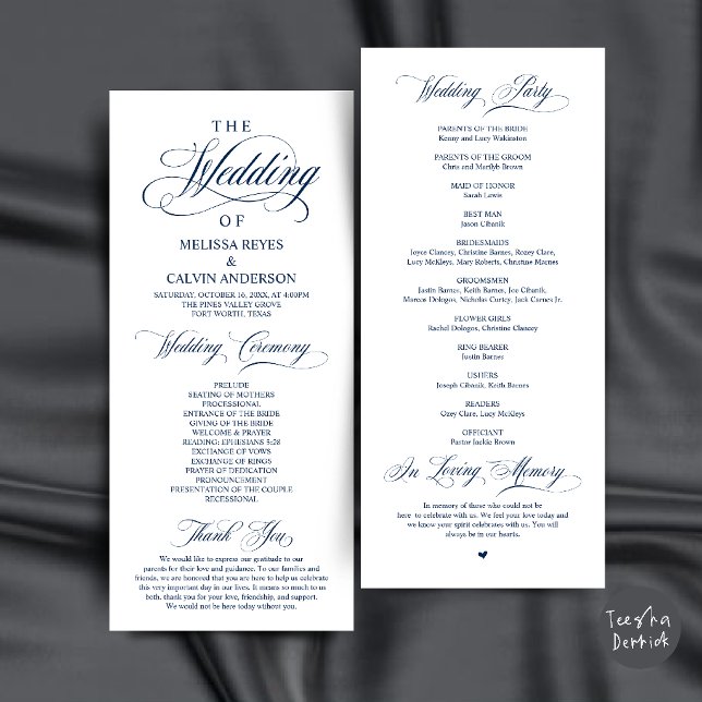 Elegant blå marinblå bröllopsceremoni program (Elegant Navy Blue Script Wedding Ceremony Order Program Card)