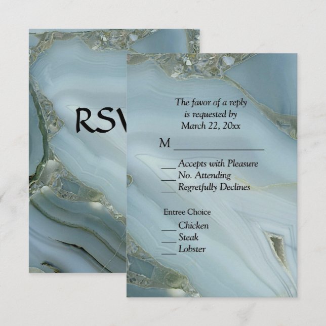 Elegant blå marmor agat RSVP med menyval OSA Kort (Fram/baksida)
