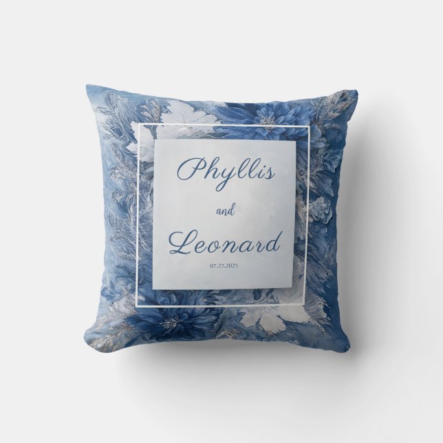 Elegant blå marmor blommande bröllop kudde (Framsida)