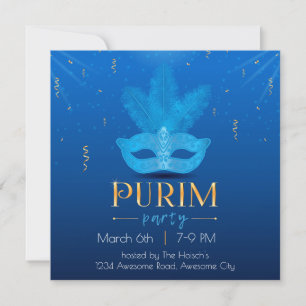 Elegant blå mask Purim-inbjudan Inbjudningar