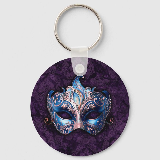 Elegant blå maskeradmask nyckelring (Framsida)