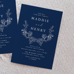 Elegant blå minimal linjekonst Navy blomsterbröllo Inbjudningar
