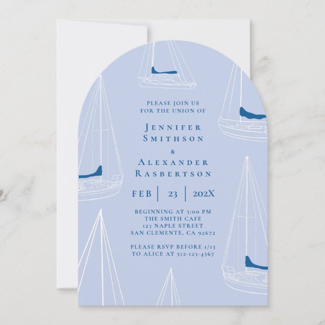 Elegant blå minimal segelbåt bröllopsinbjudan inbjudningar (Framsida)