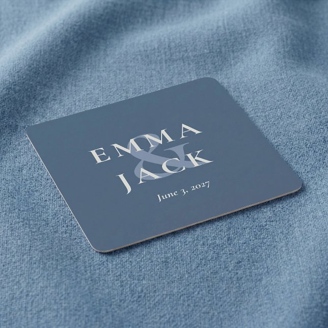 Elegant blå minimalistisk et-tecken Bröllop  Underlägg Papper Kvadrat (Elegant Blue Minimalist ampersand Wedding Square Paper Coaster)