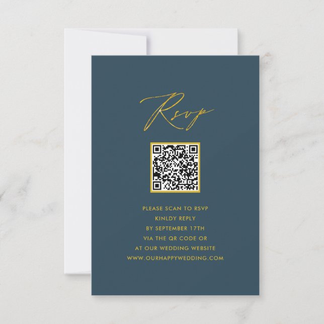 Elegant Blå Minimalistisk QR Bröllop RSVP OSA Kort (Framsida)