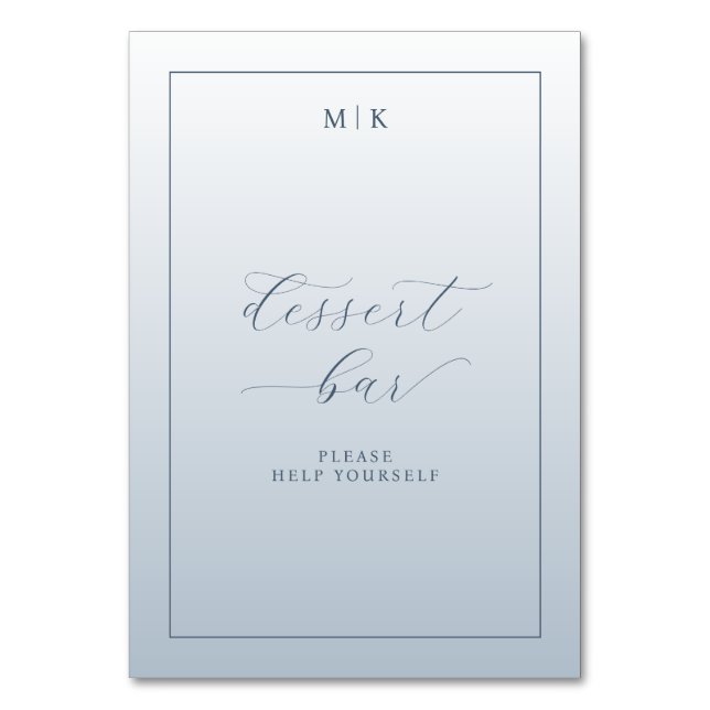 Elegant blå minimalistisk skylt för efterrätssbord bordsnummer (Framsidan)