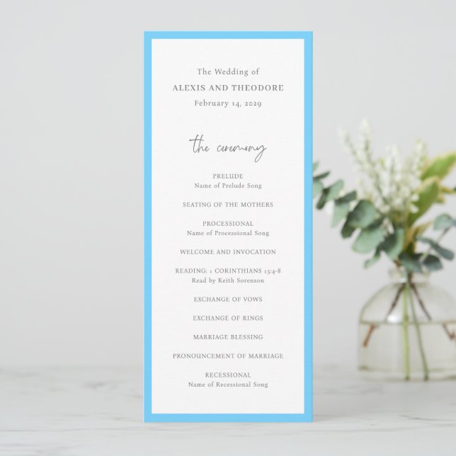 Elegant Blå Modern Bröllop Program (Stående Fram)