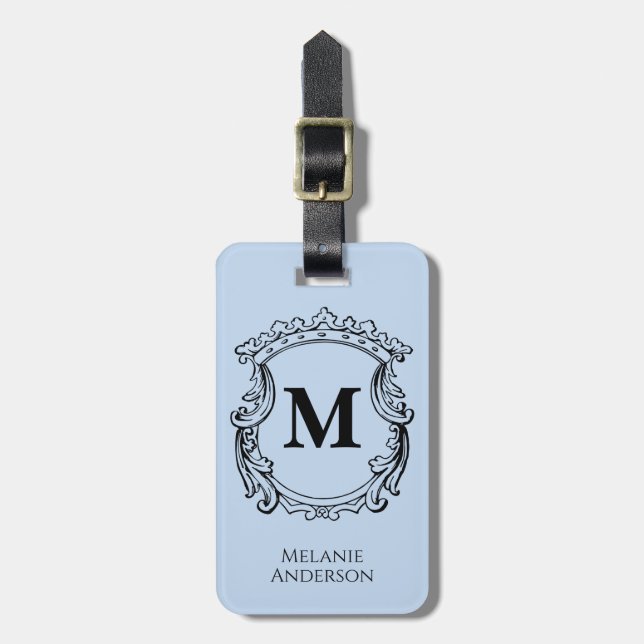 Elegant blå monogram-krön  bagagebricka (Vertikal Framsida)
