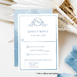 Elegant blå monogram och akvarell bröllop RSVP OSA Kort