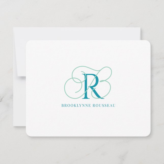 Elegant blå monogram platt anteckningskort (Framsida)