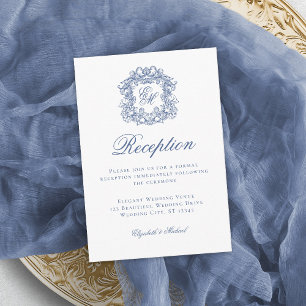 Elegant blå monogram vapenskölds bröllopsmottagnin tilläggskort