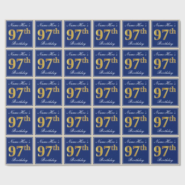 Elegant, Blå, Oäkta Guld 97-årsdag + Namn Presentpapper (Platt)