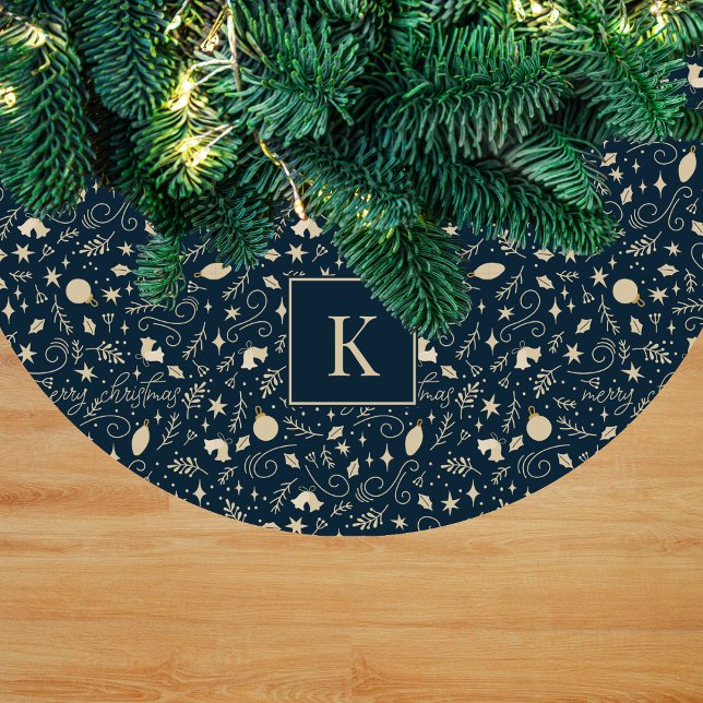 Elegant blå och beige jul element monogram julgransmatta fleece (Skapare uppladdad)
