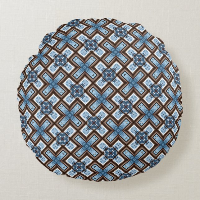 Elegant blå och brun geometrisk mönster  rund kudde (Framsidan)