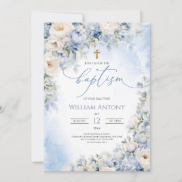 Elegant blå och elfenbensfärgad blomsterpojke dop  inbjudningar
